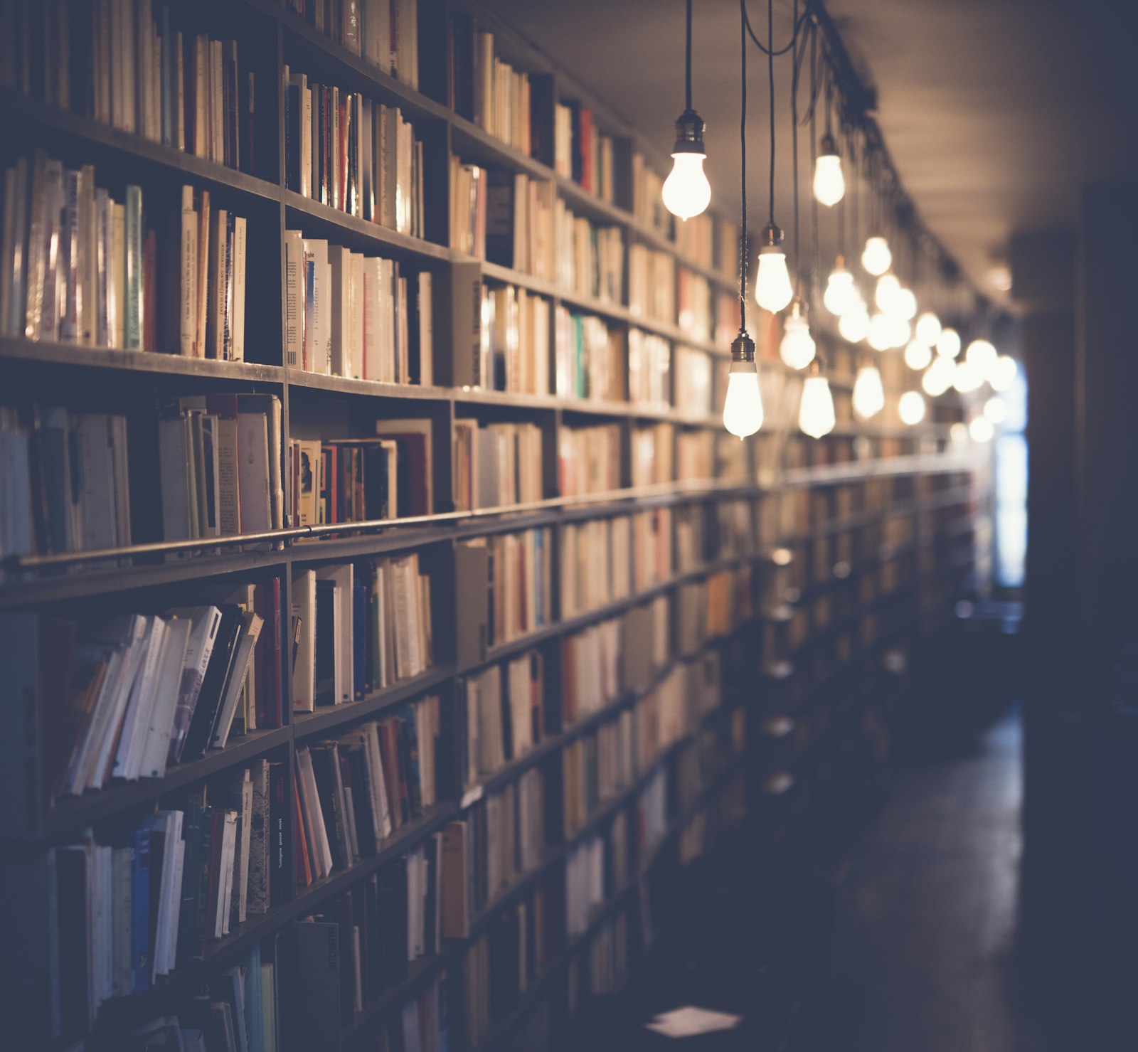 Long library shelves filled with books under hanging lights