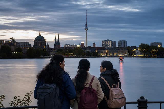 Three young people with backpacks looking across the river at the Berlin skyline at dusk