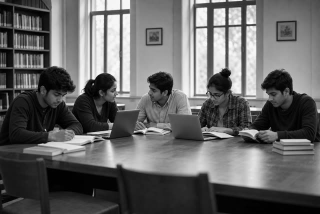 Five students studying together around a table in a library reading room