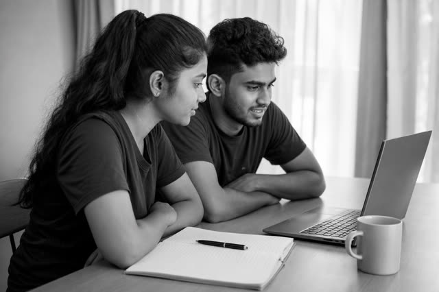 Two students studying together at a laptop, a notebook and pen beside them