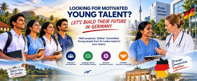 Banner: Looking for motivated young talent? Let's build their future in Germany. - Sri Lankan graduates and nurses with a German nursing colleague at a training hospital.